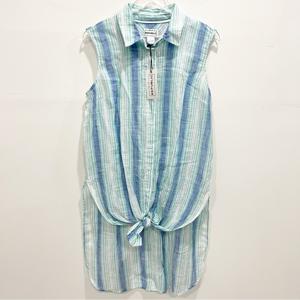 For The Republic Tie-Front Striple Sleeveless Shirt Tunic Size Large Cotton
